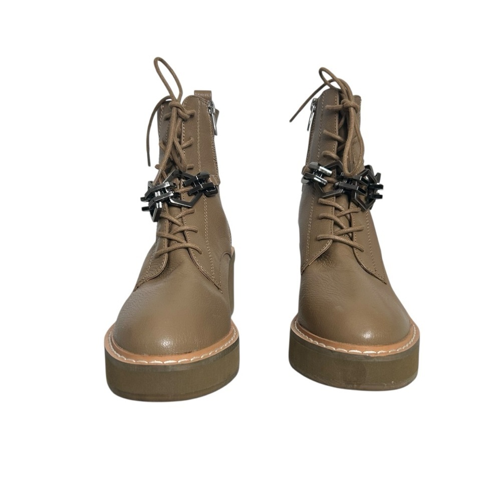 Vince Camuto Keltana Leather Taupe Combat Block Heel Boots With Chain Size 8.5 - Picture 3 of 10